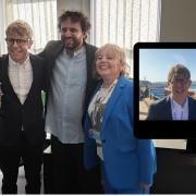 Josh Widdicombe and Nish Kumar are filming Hold the Front Page on the Isle of Wight. Pictured with County Press co-editors Lori Little and Lucy Morgan.