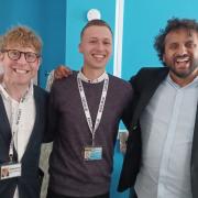 Josh Widdicombe, Oliver Dyer and Nish Kumar at the County Press office.
