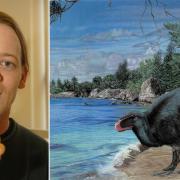 Gavin Leng and a reconstruction of the Eotyrannus lengi by a palaeoartist.