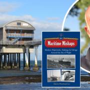 Bembridge RNLI station and inset, Martin Woodward and his book, Maritime Mishaps.