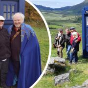 From left: Nicola Bryant, Roy Spearman and Colin Baker. Right: the TARDIS on Snowdon.