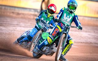 Charlie Southwick, right, in speedway action at Smallbrook Stadium.