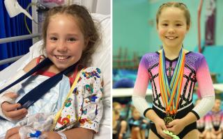 Liberty Lee, eight, in hospital for treatment, and after winning multiple gold medals in Southampton.