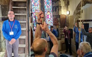 Revd Barry Downer at the foot of the stairs leading to St Mary's Church's tower and bellringing in action